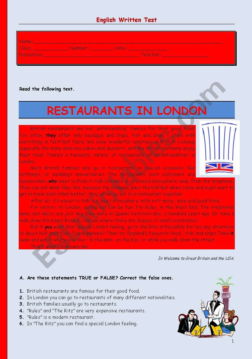 Test - restaurants in London worksheet