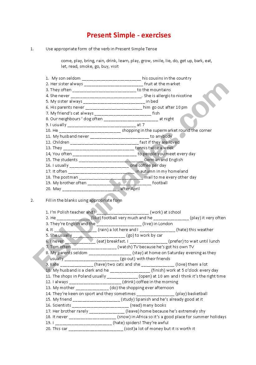 Present Simple - exercises worksheet