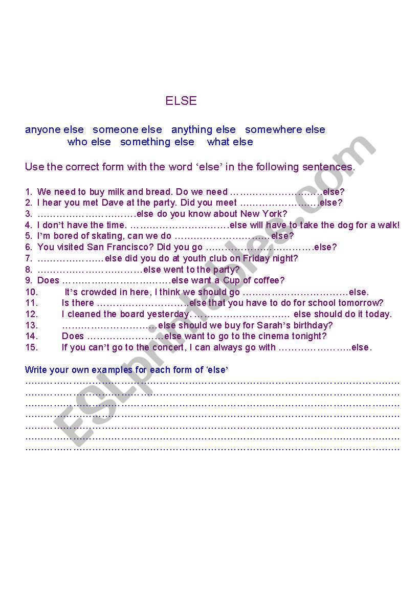 Use of the word else worksheet