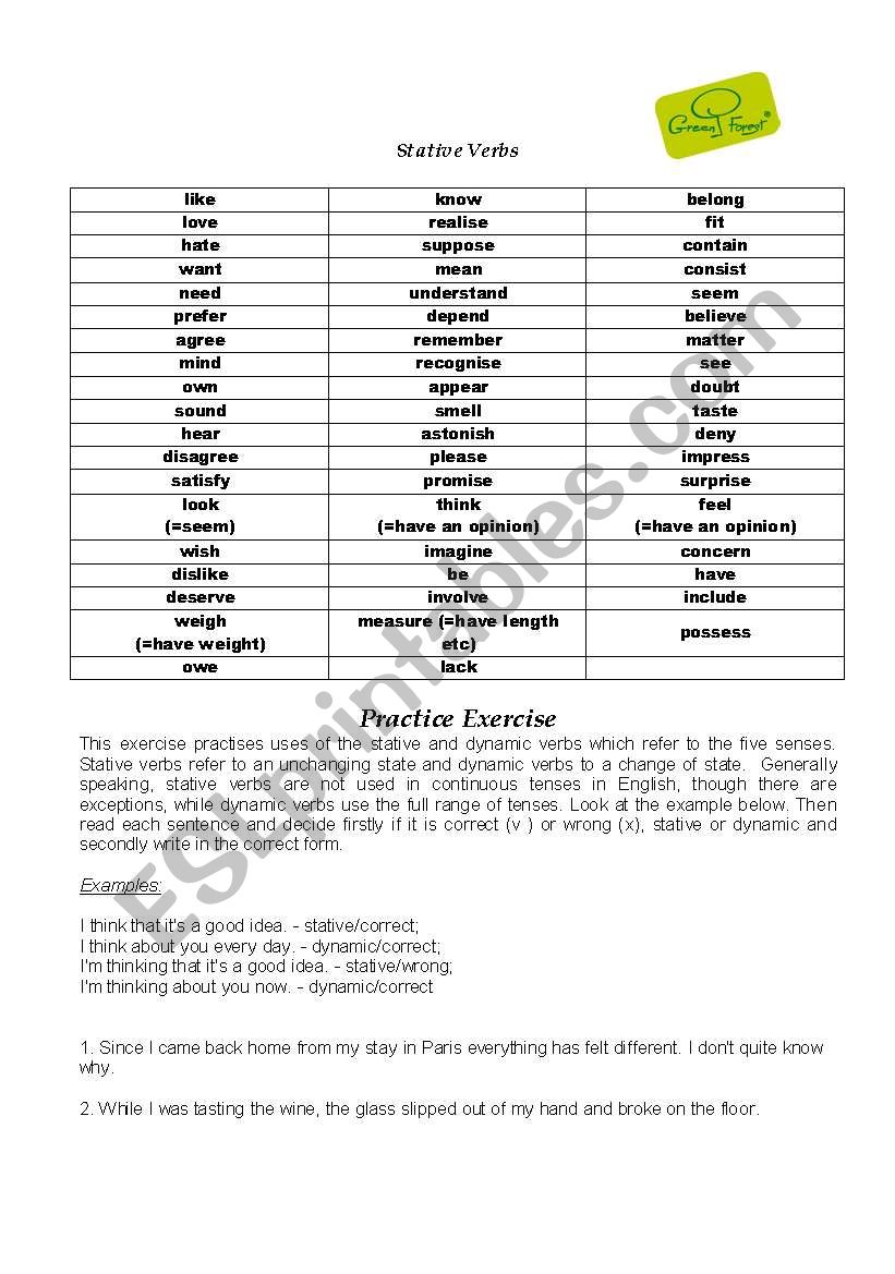 Stative verbs worksheet