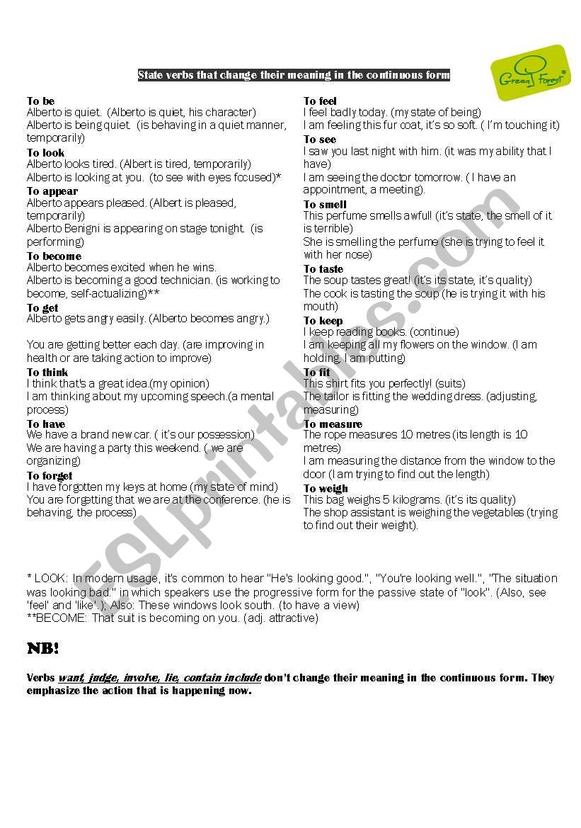 verbs that change their meaning in the continuous and simple