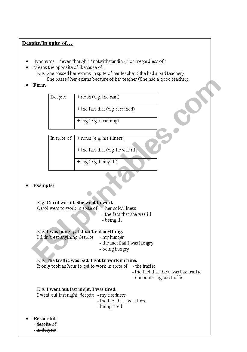 Conjunctions-Although/Despite worksheet