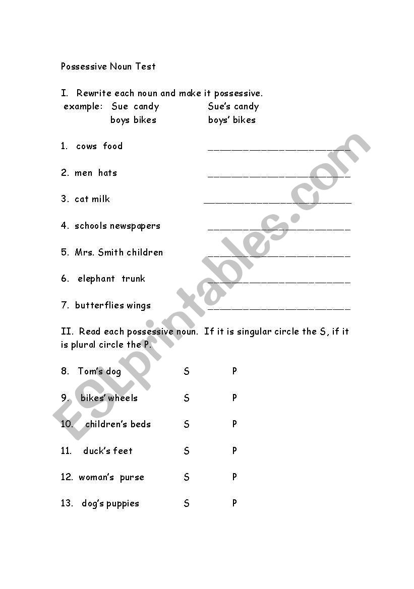 Possessive Noun Test worksheet