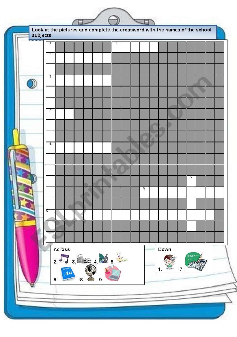 SCHOOL SUBJECTS CROSSWORD + KEY