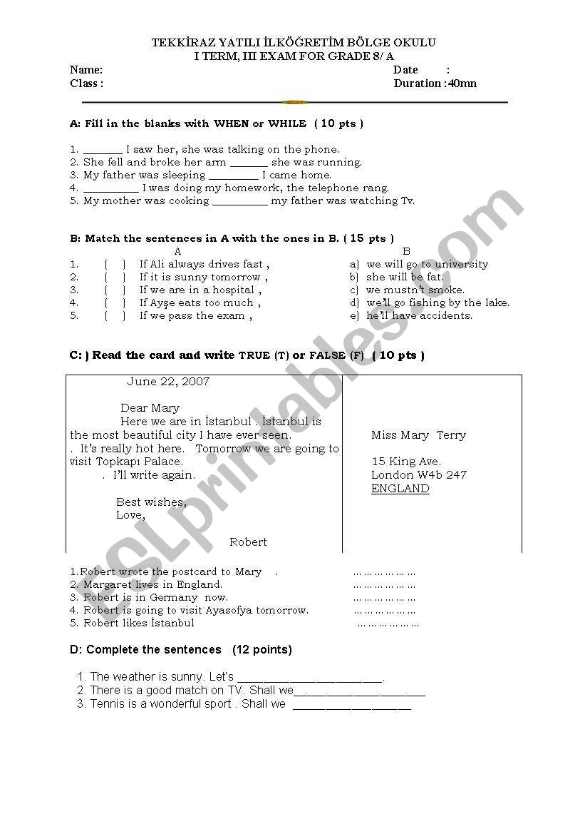 an exam for grade 8 worksheet