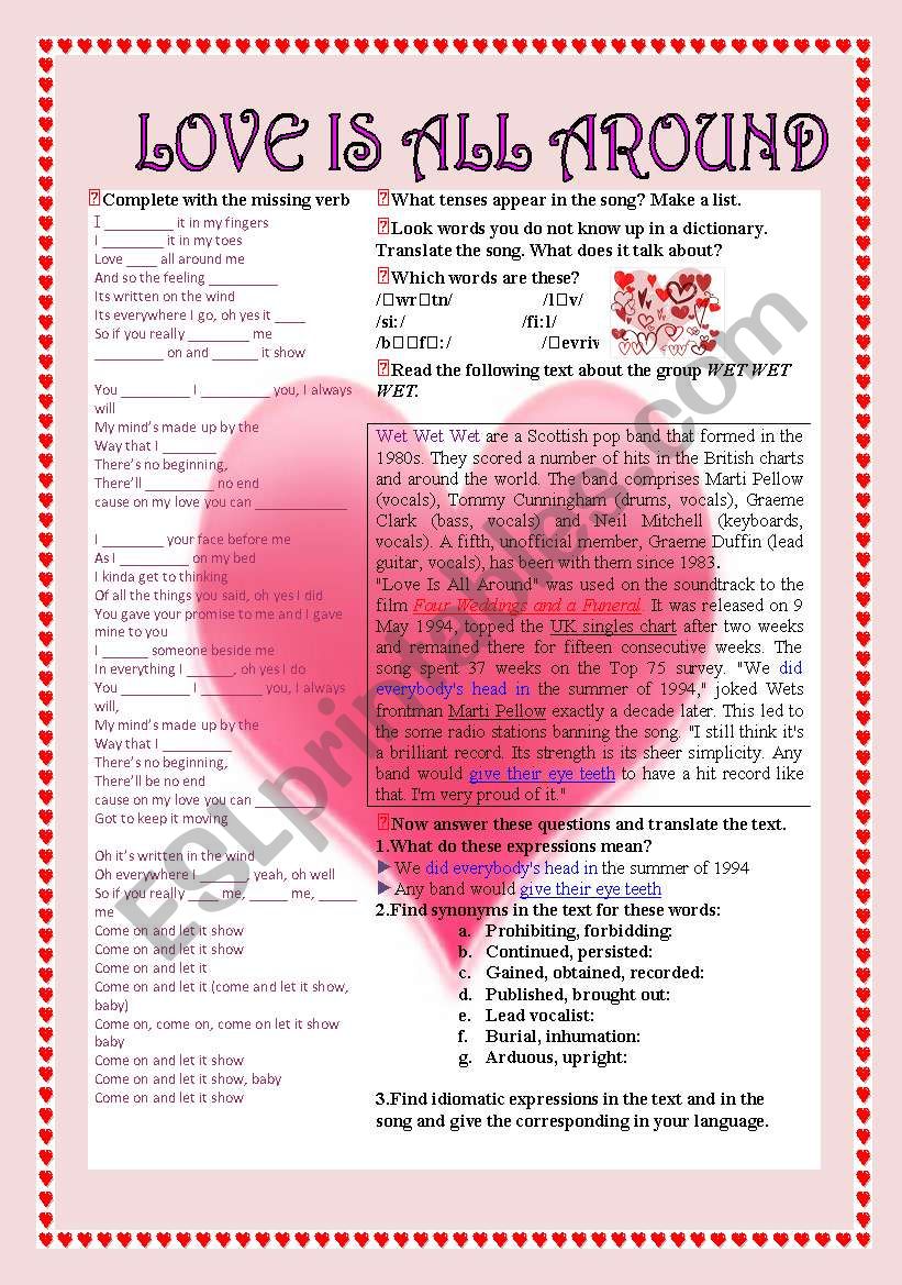 love is all around lyrics worksheet