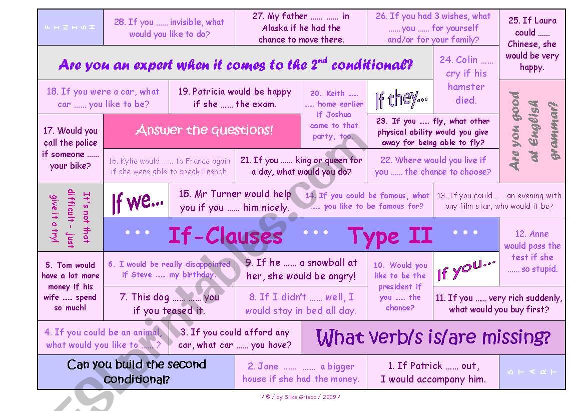 SECOND CONDITIONAL BOARDGAME  IF-CLAUSES, TYPE 2  FULLY EDITABLE FUN ACTIVITY  ANSWER KEY INCLUDED!!