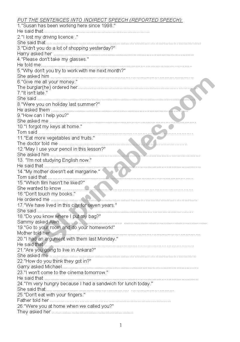 reported speech worksheet