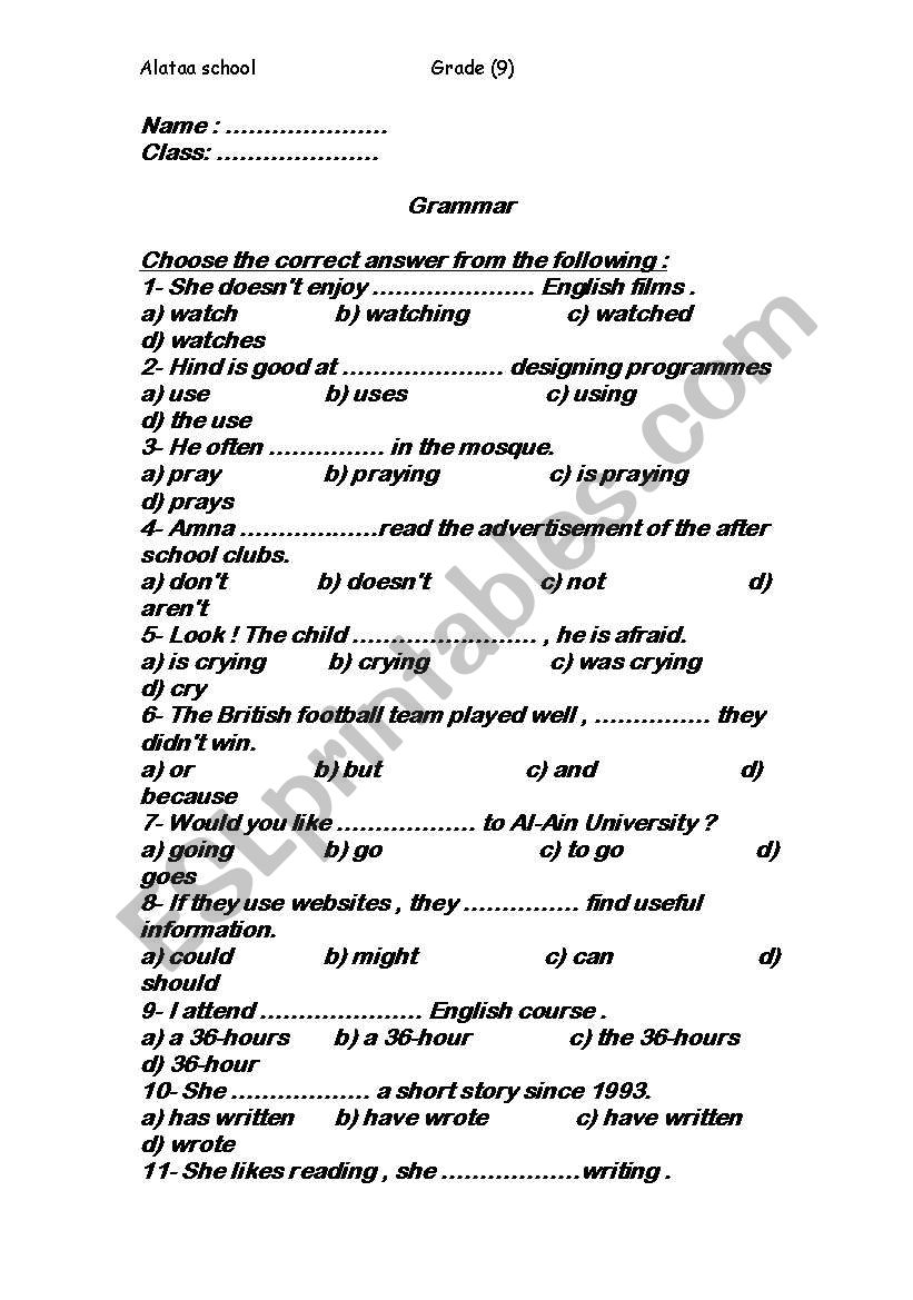 Grammar Exam  worksheet