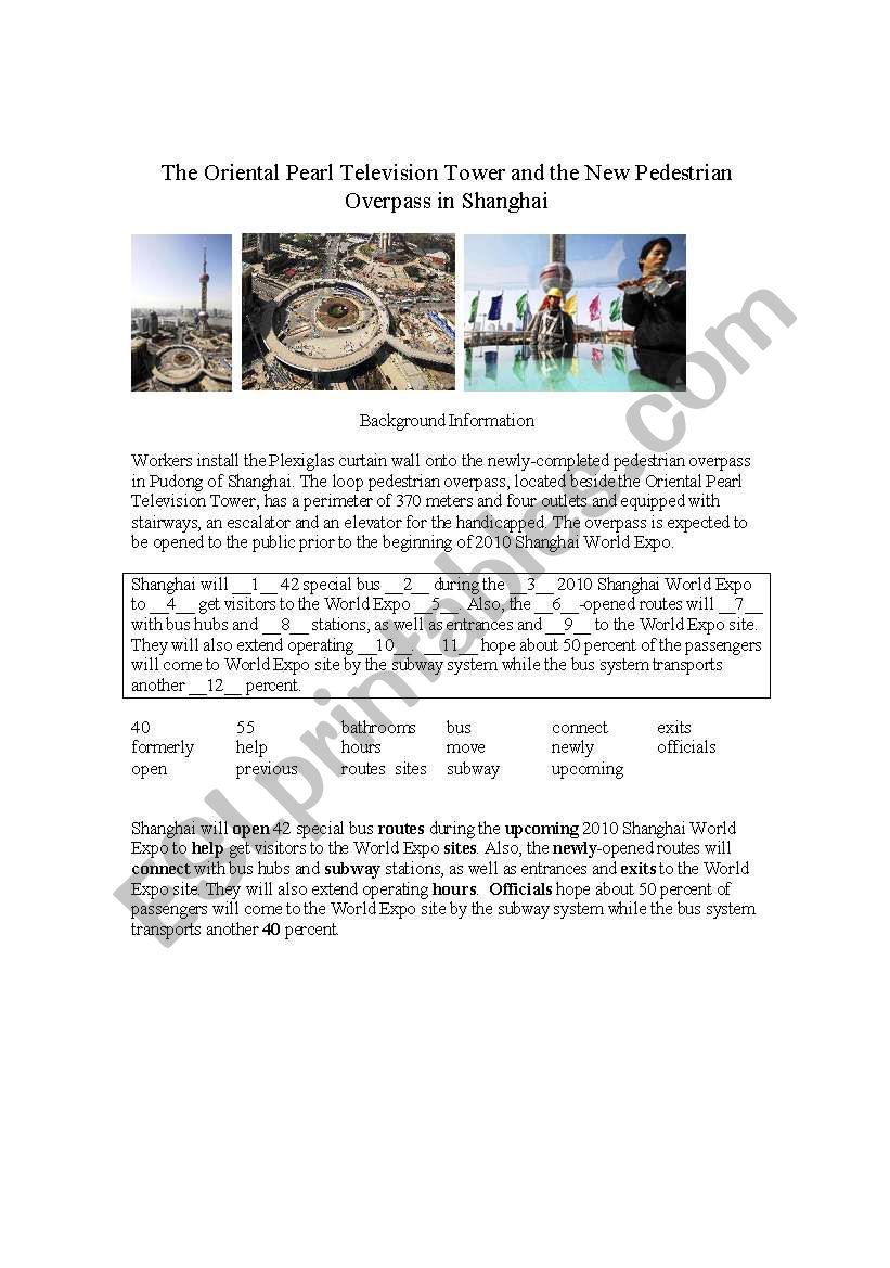 Shanghai Expo Cloze Topic 3 worksheet