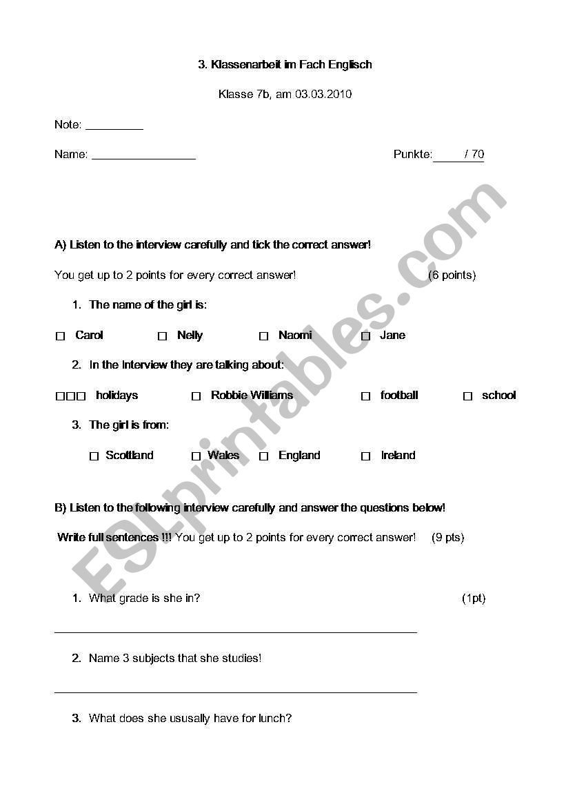 Class test worksheet