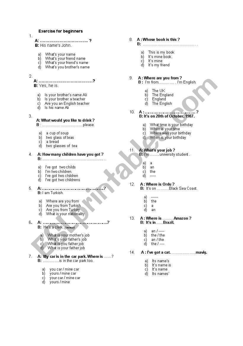  Exercise for beginners worksheet