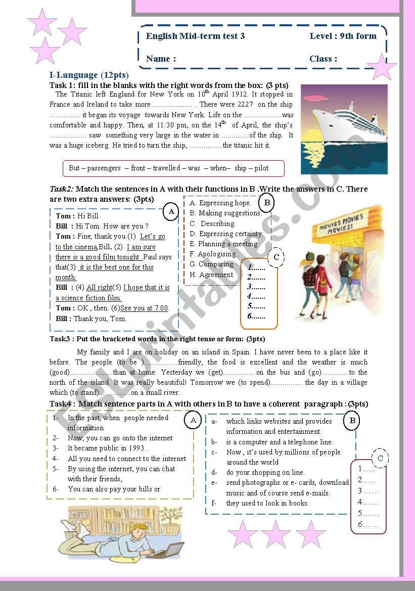 Mid-term test for 9th forms (Language and listening, script included)