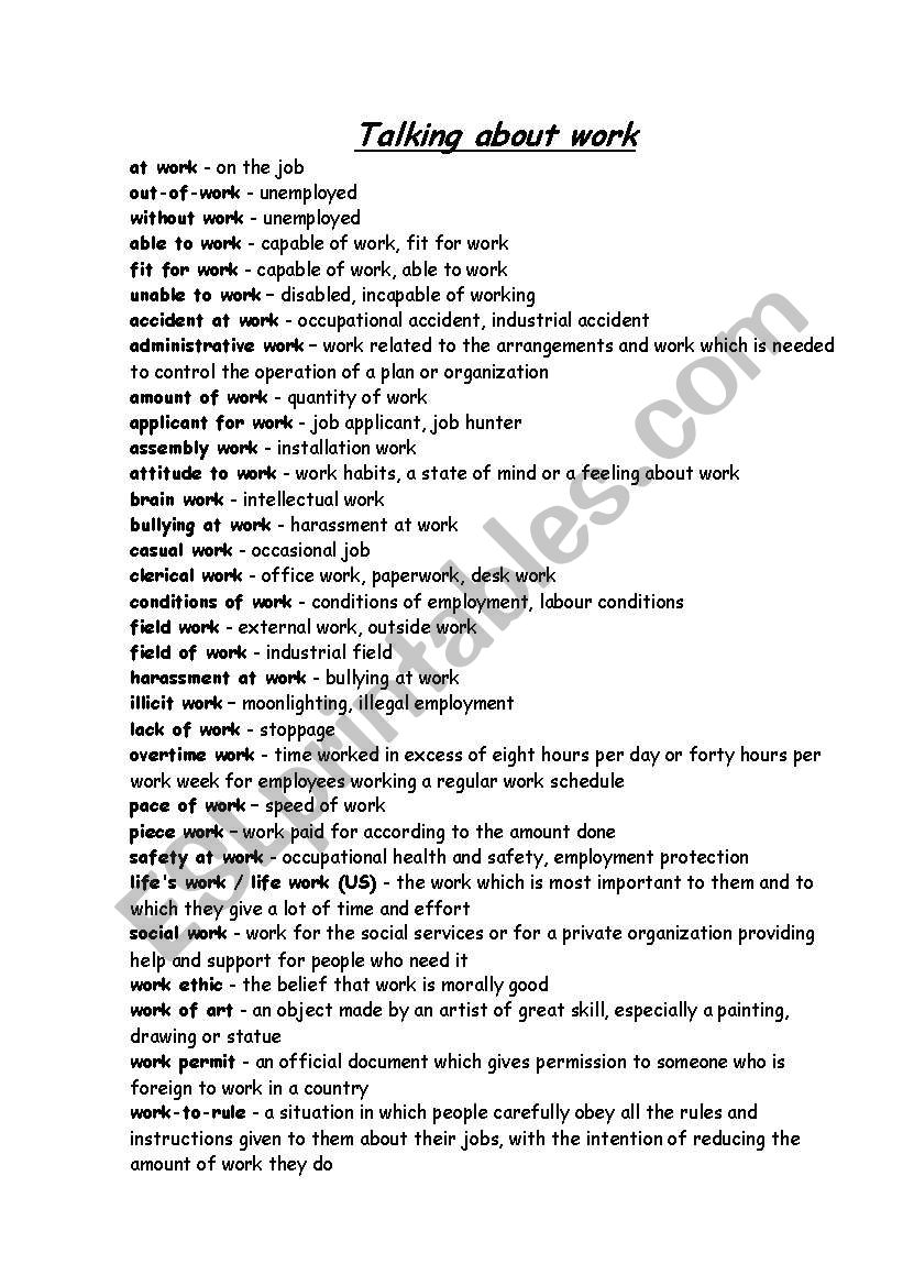 talkýng about work worksheet