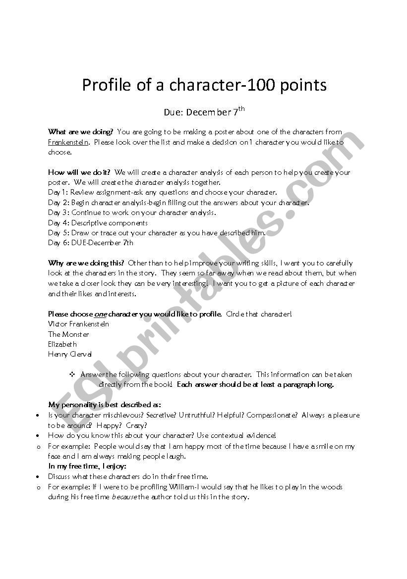 Character Profle worksheet