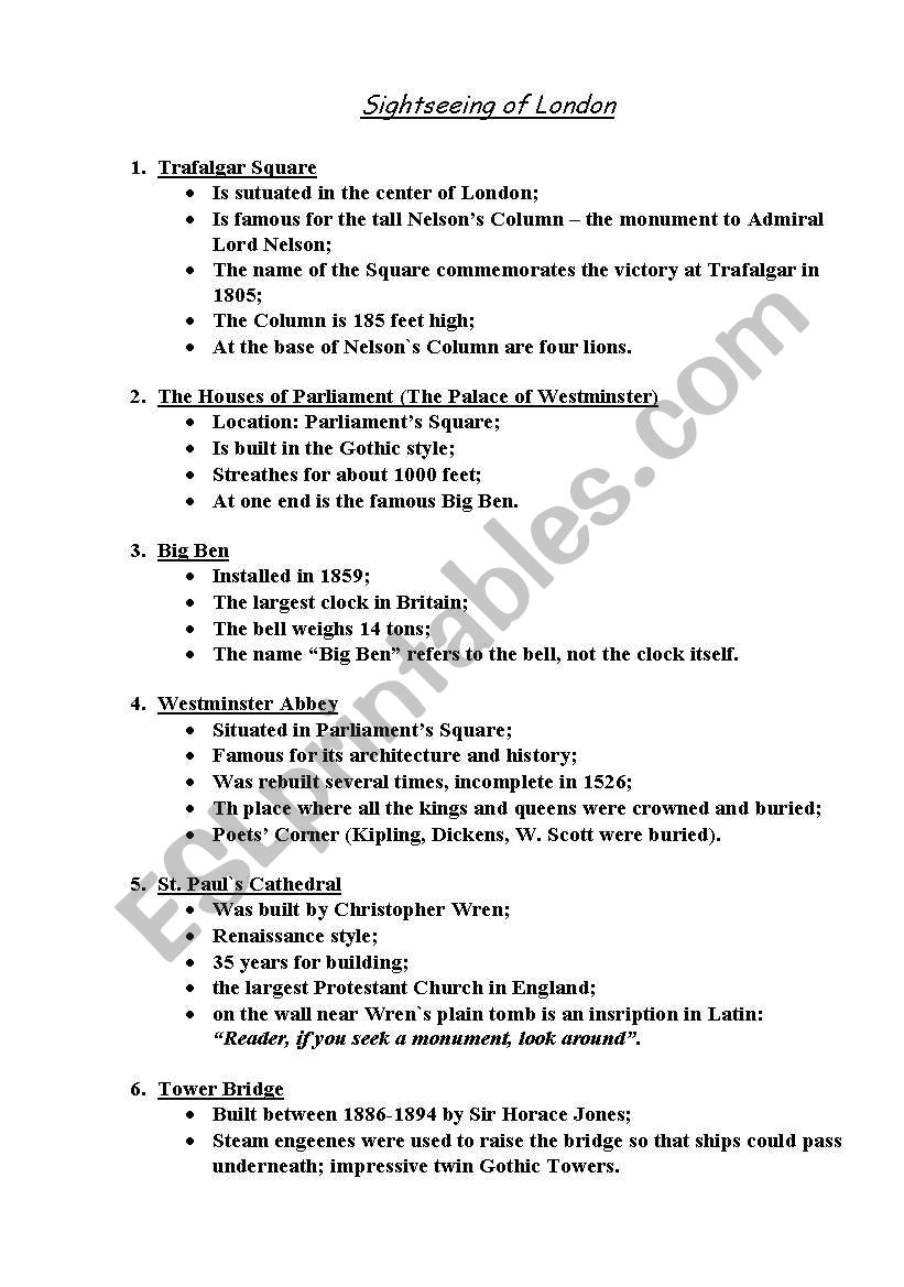 Sightseeing of London worksheet