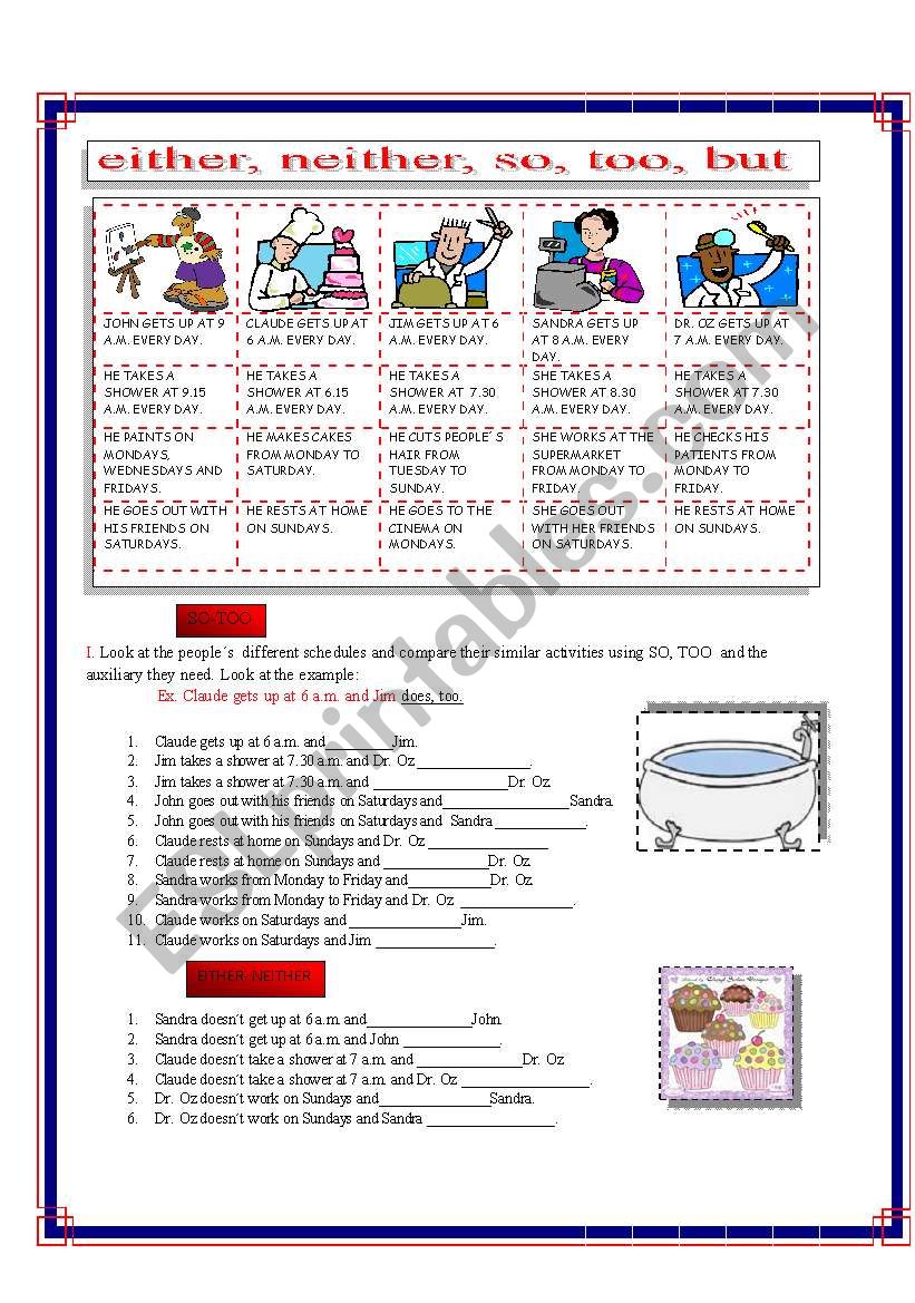 EITHER, NEITHER, SO, TOO, BUT worksheet