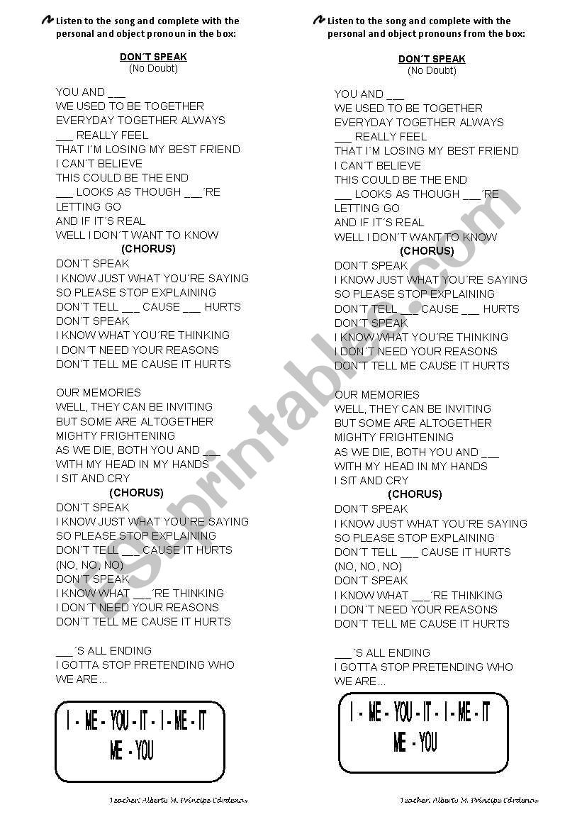 DonÂ´t Speak worksheet