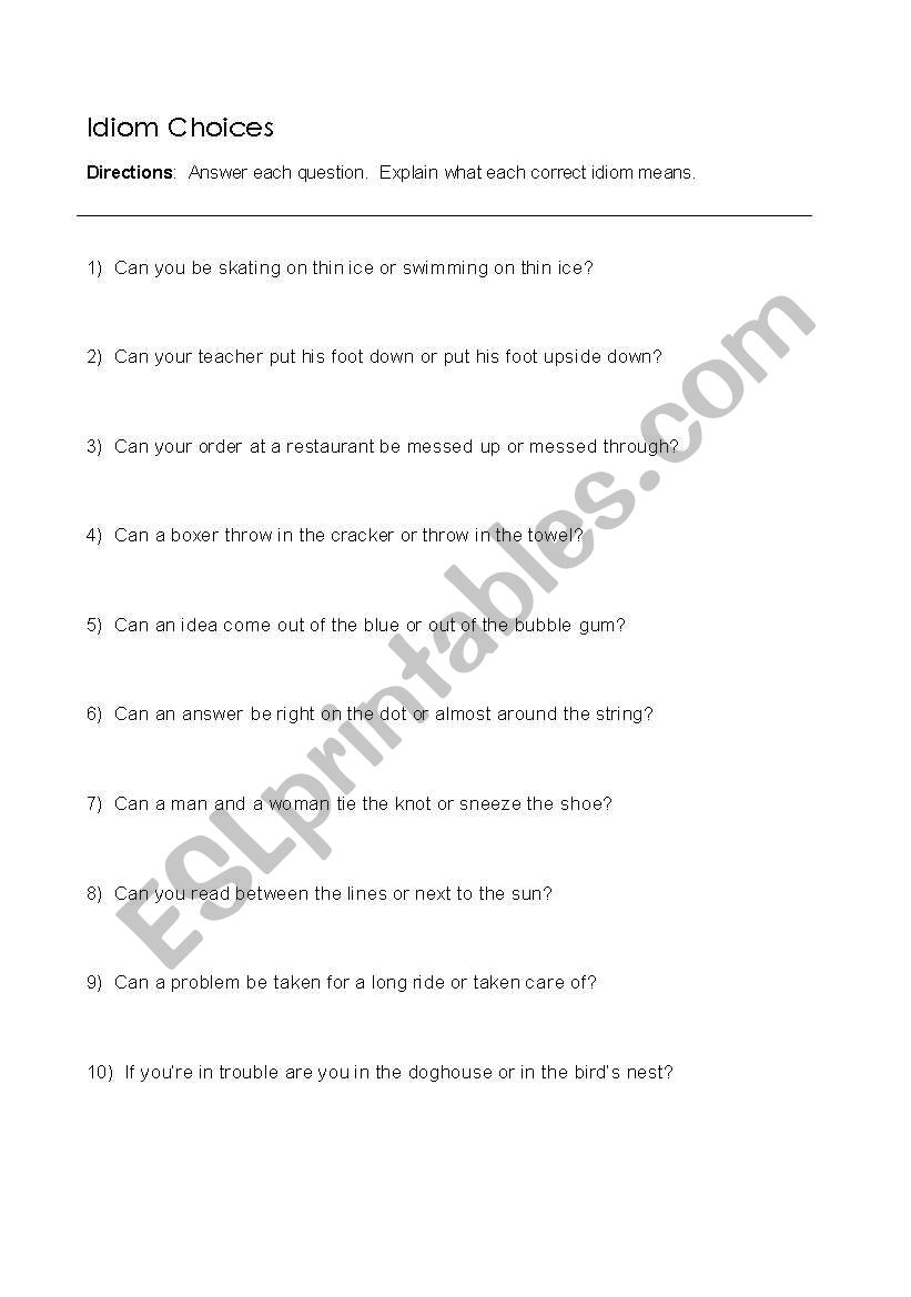 Idiom Choices worksheet