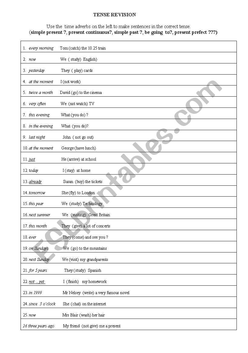 tense revision worksheet