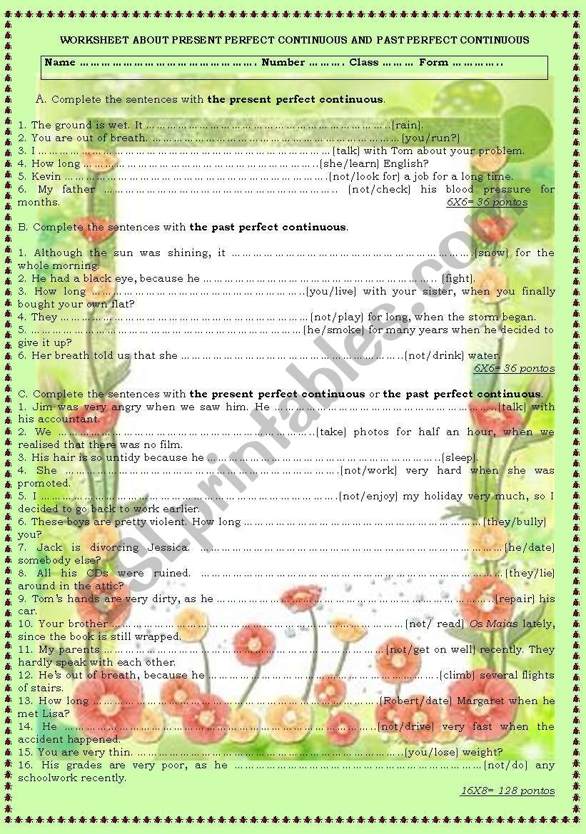 Worksheet about Present Perfect Continuous versus Past Perfect Continuous