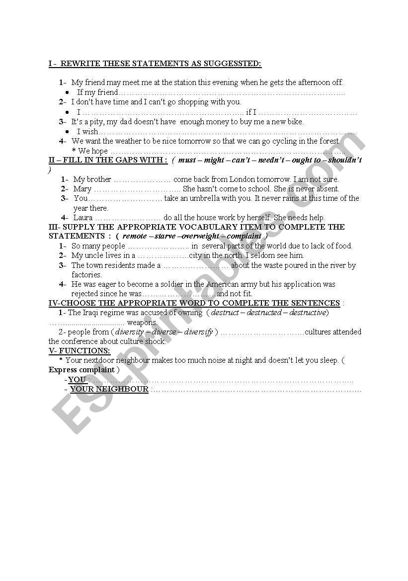 quiz for first year bac worksheet