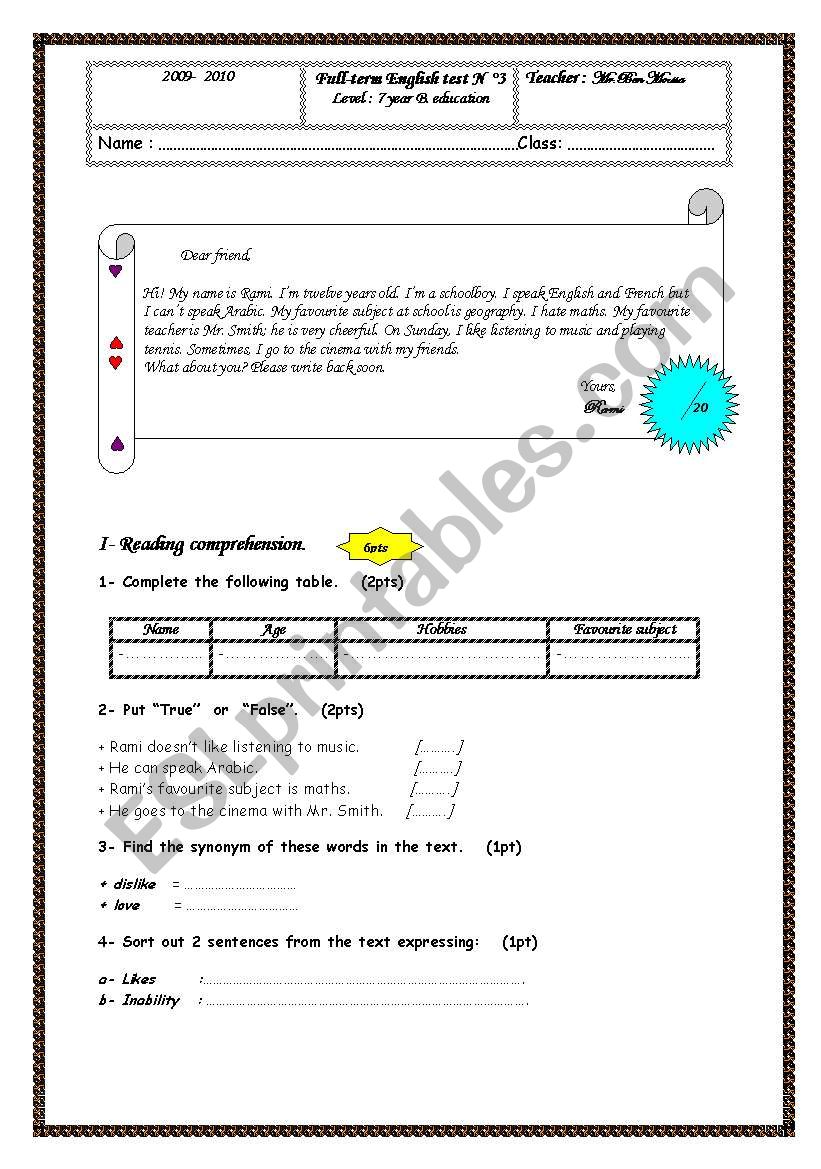 7 th year end- term test number 3