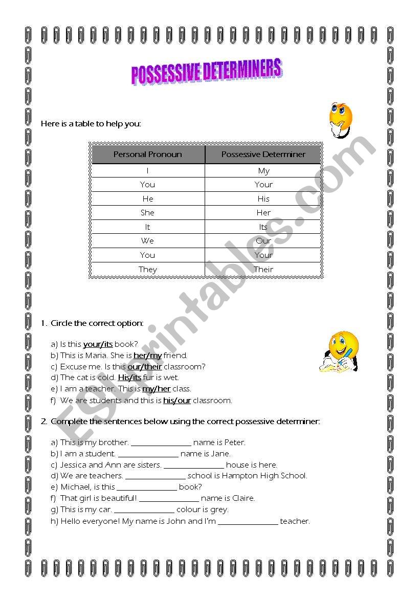 Possessive determiners worksheet