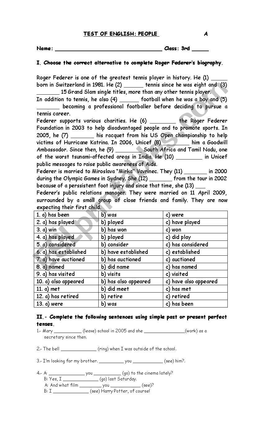 People Test worksheet