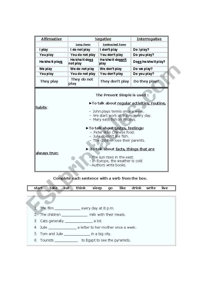 Present Simple table + exercise