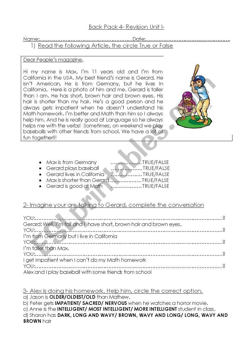 Back Pack 4 worksheet