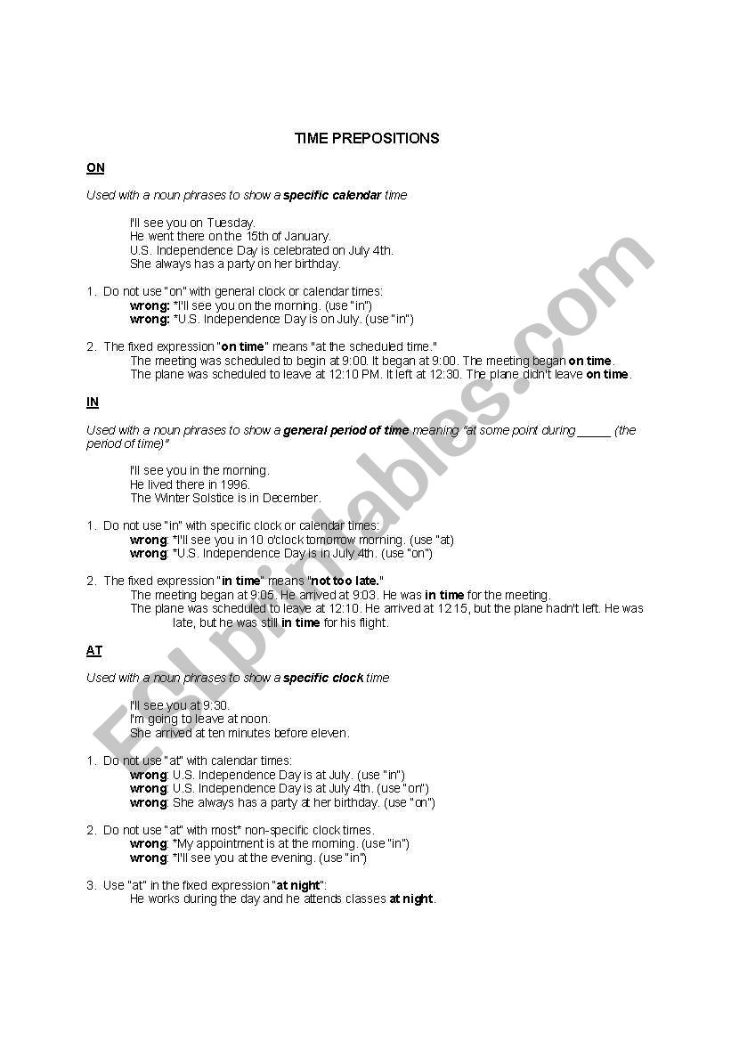 Time Prepositions worksheet