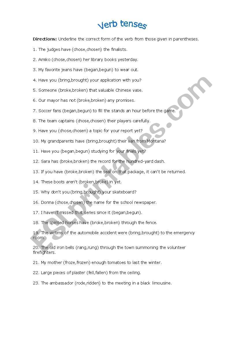 Verb tenses worksheet