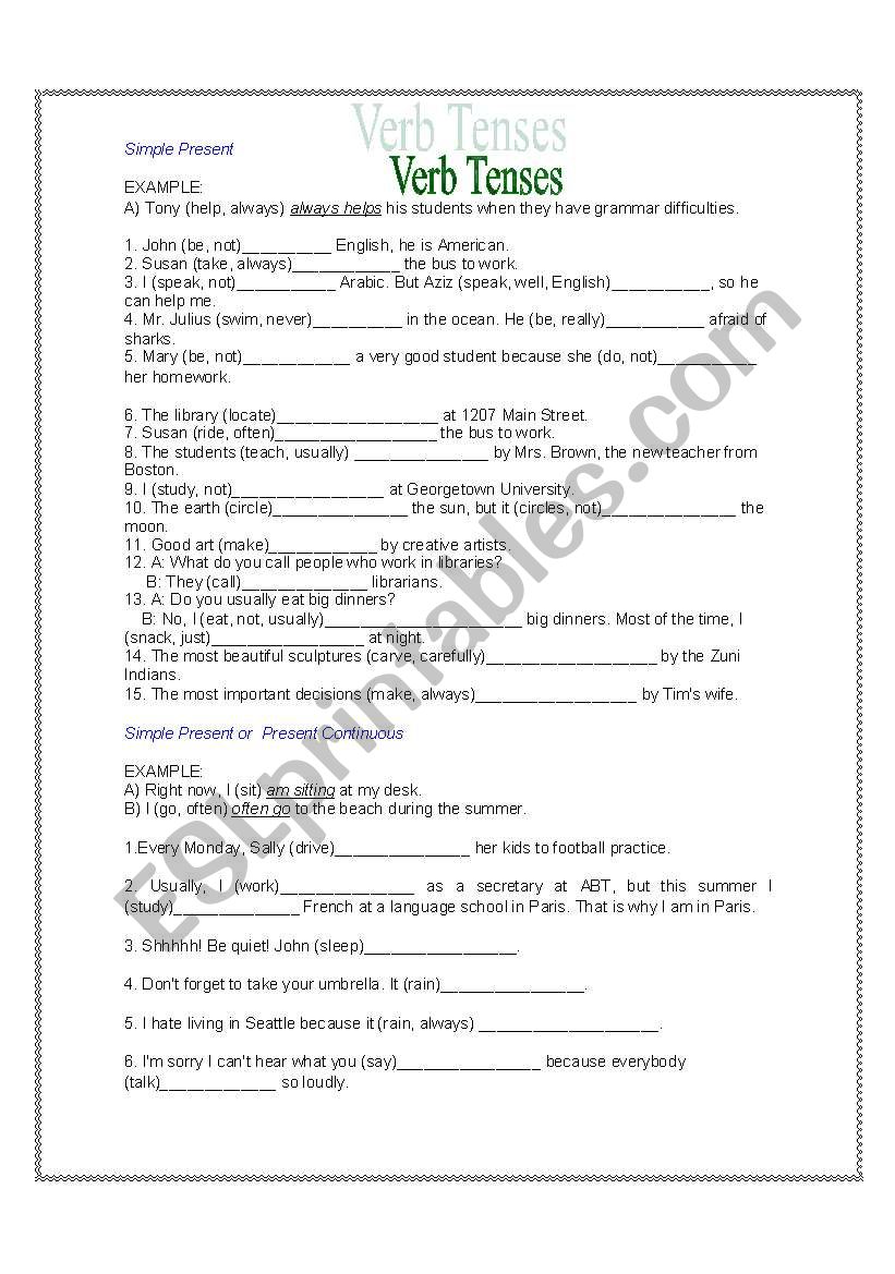 Verb tenses worksheet