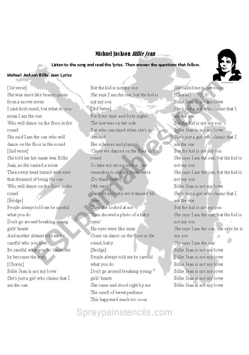 Michael Jackson Billie Jean worksheet