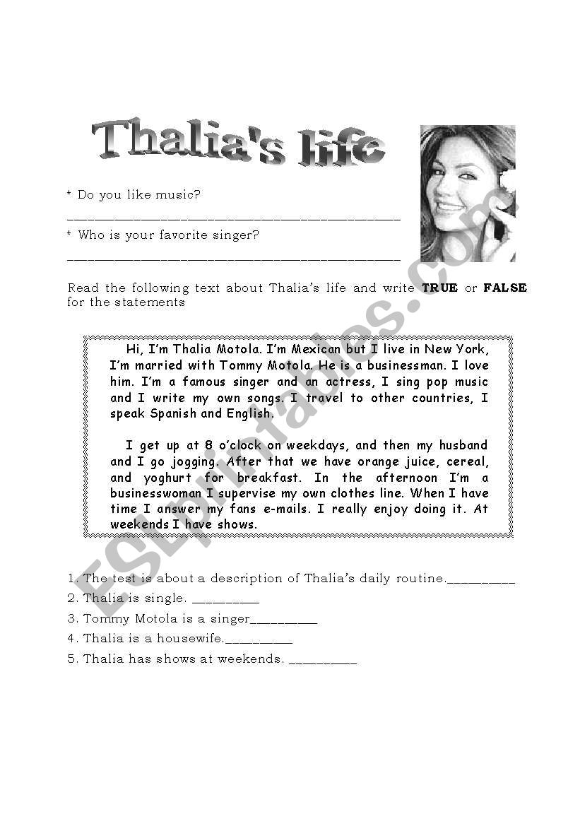 Thalias life worksheet