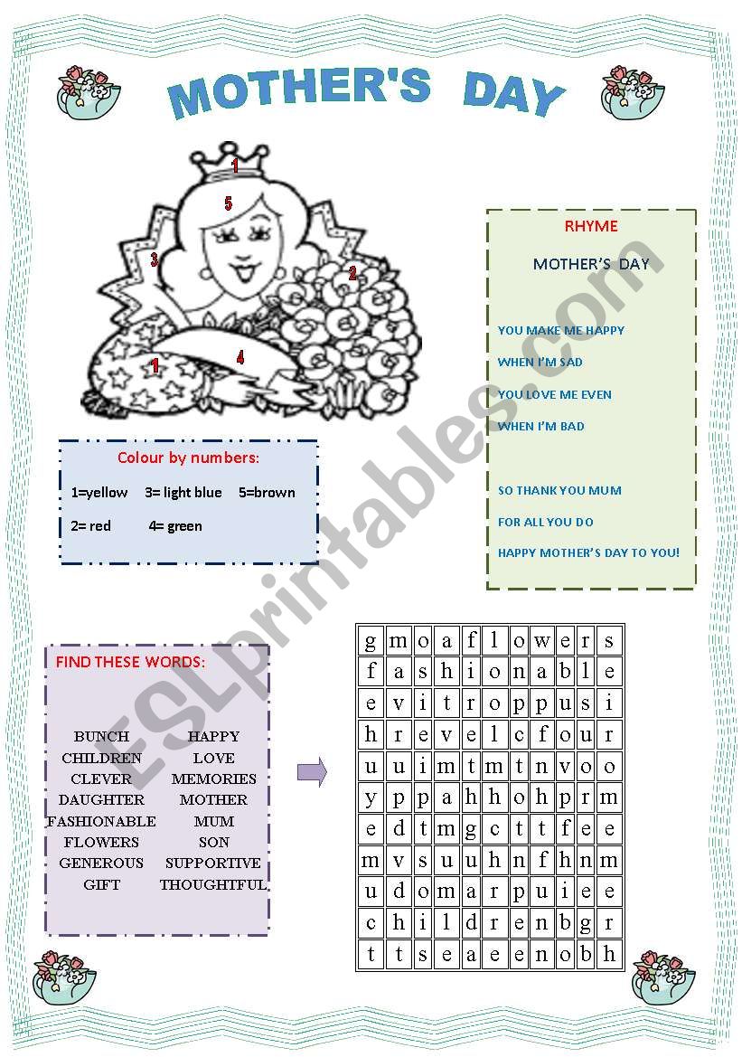 Mothers Day Wordsearch worksheet