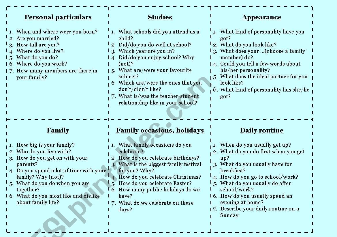 Topic cards for elementary exams