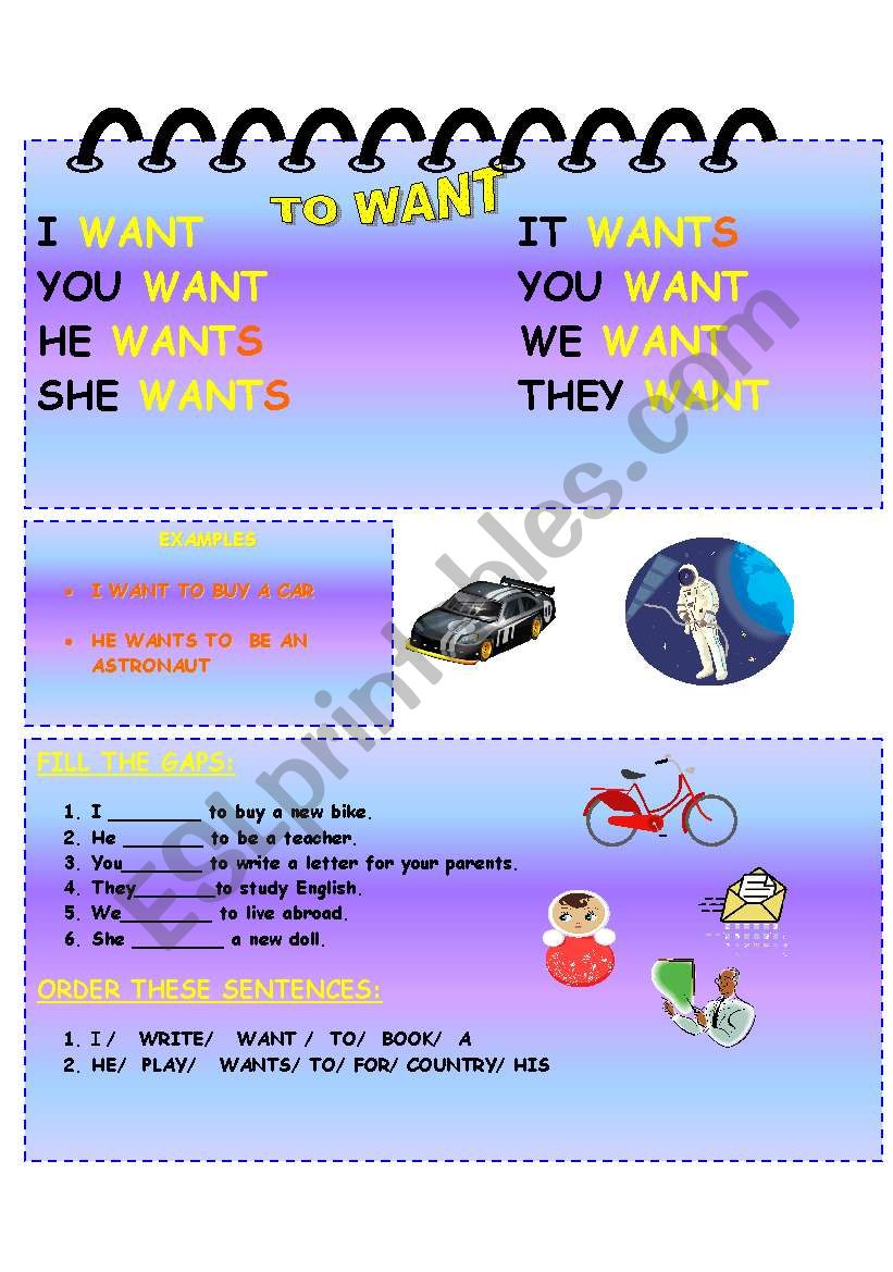 TO WANT (WORKSHEET FOR TEACHING THE VERB: TO WANT. IT HAS AN EXPLANATION, EXAMPLES AND EXERCISES TO PRACTISE)HOPE YOU LIKE IT