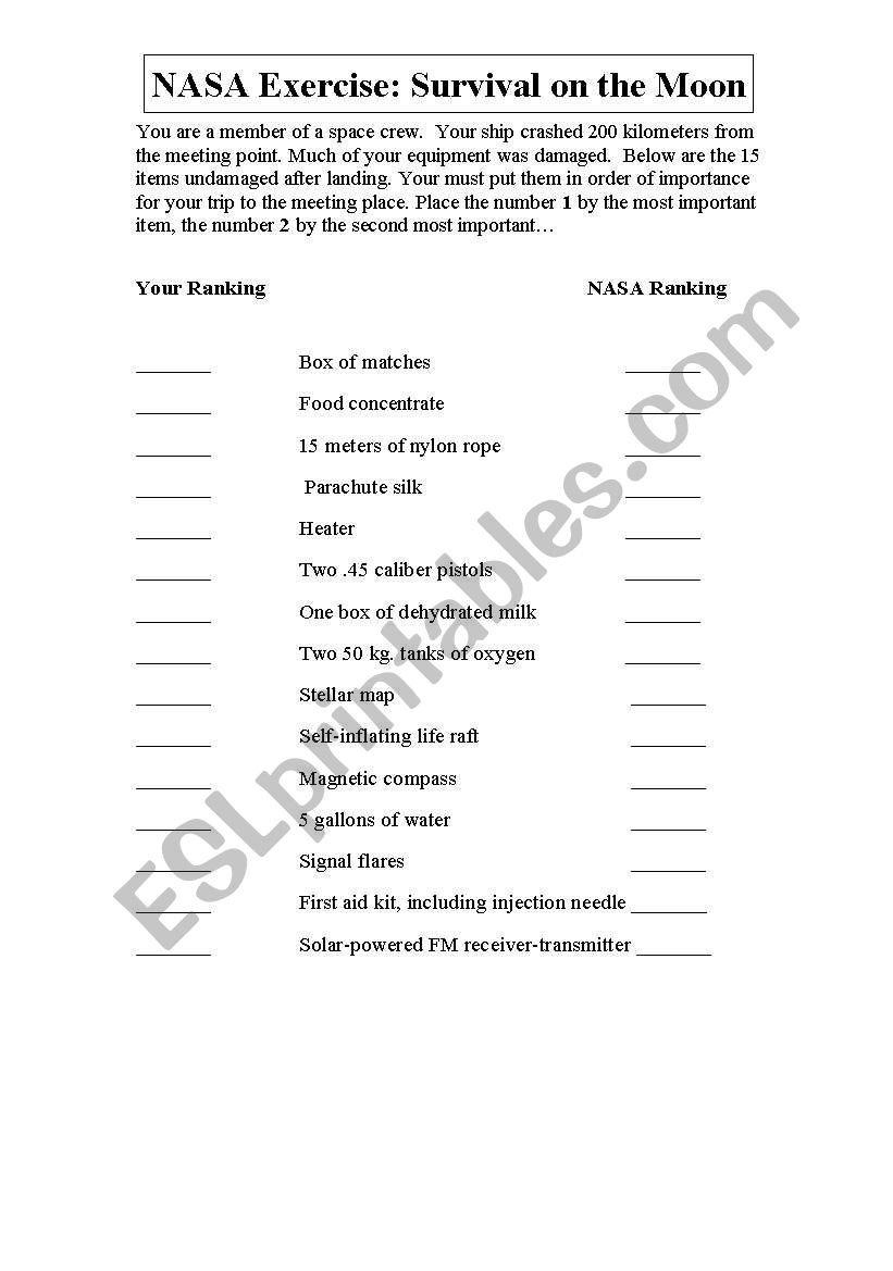 NASA team building exercise worksheet