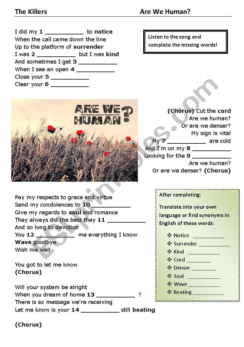 The Killers: Are we Human? worksheet