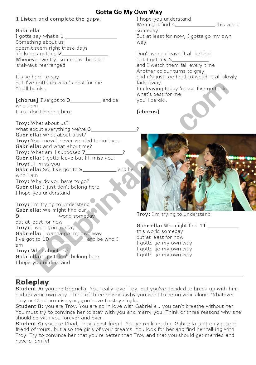 Gotta Go My Own Way Esl Worksheet By Katiefou