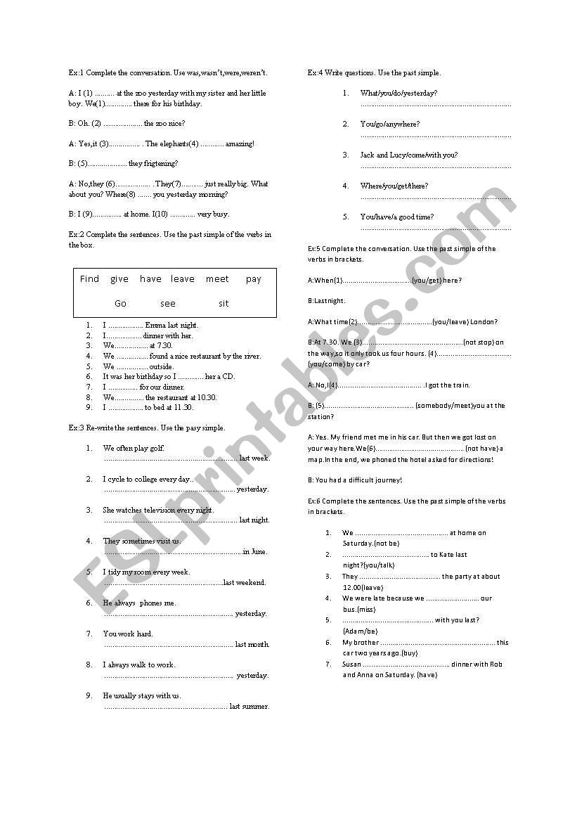 PAST SIMPLE TENSE EXERCISES worksheet