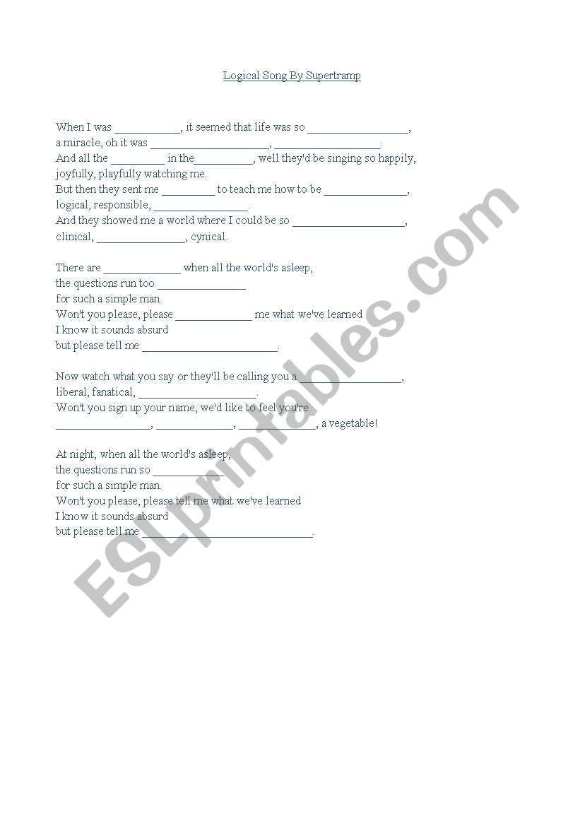 Super Tramps Logical Song  worksheet