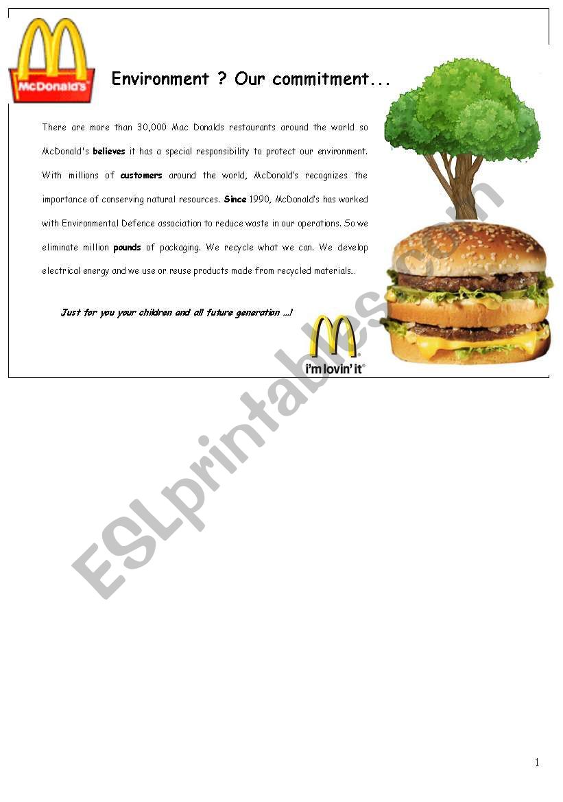 environment and fast foods worksheet