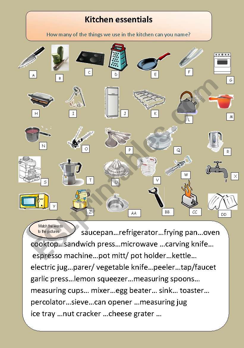 Kitchen essentials: a vocabulary worksheet for all levels and ages.
