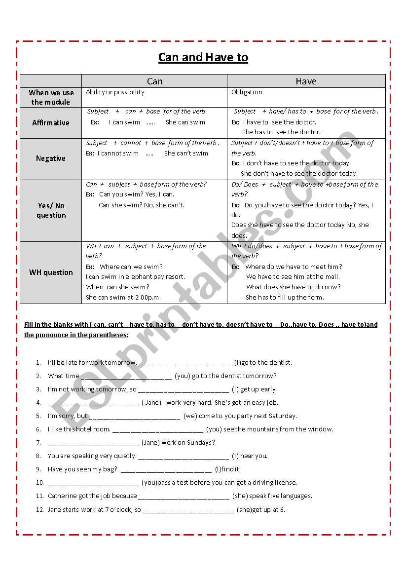 Can and Have to worksheet