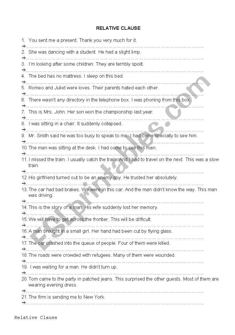 Exercise on relative clause worksheet