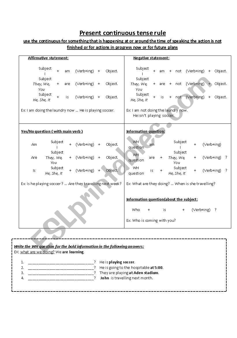 Present Continuous Tense worksheet