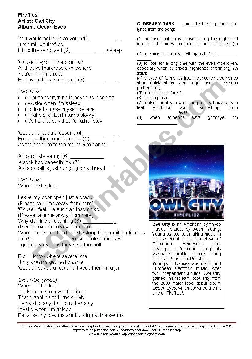 OWL CITY - FIREFLIES  worksheet